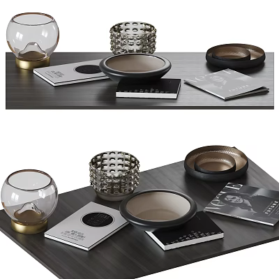 Stylish Decorative Ornament Set With Metal Bowls Glass Containers And Books 3d model