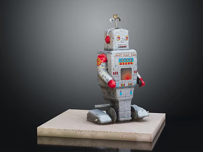 Vintage Robot Toy Figure With Red Arms Control Panel And Antenna On Base 3d model