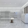 Modern Retail Store Interior Featuring White Walls Display Racks Reception Counter Marble Floor And Bench