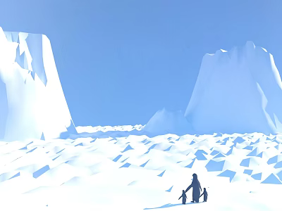 Cartoon Arctic Scene With Snowy Landscape Icebergs And Parent Baby Penguins 3d model