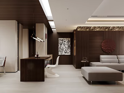 Modern Living and Dining Room Interior With Dark Wood Walls White Chairs And Gray Sofa 3d model