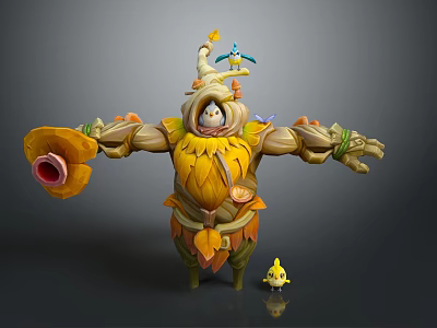 Nature Inspired Leafy Character With Outstretched Arms Small Bird And Tiny Yellow Creature 3d model