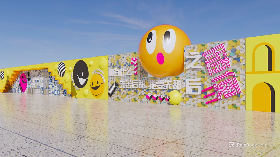Vibrant Interactive Zone With Large Yellow Smiley Face And Pink Text Decorations 3d model
