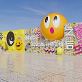 Vibrant Interactive Zone With Large Yellow Smiley Face And Pink Text Decorations 3d model