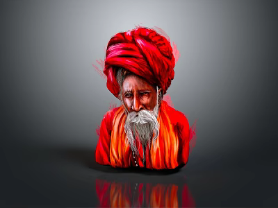 Portrait Of Elderly Man With Red Turban White Beard And Red Robe In Gray Background 3d model