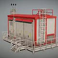 Industrial Equipment Unit With Red Frame White Body Warning Signs Metal Railings And Stairs