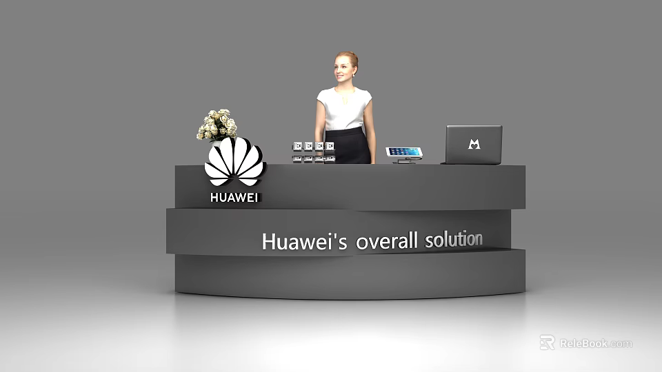 Modern Huawei Reception Desk with Receptionist Laptop Flower Arrangement and Overall Solution 3d model 