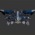 Detailed Blue White Mecha Robot Figure With Yellow Horn Red Eyes And Blue Wings