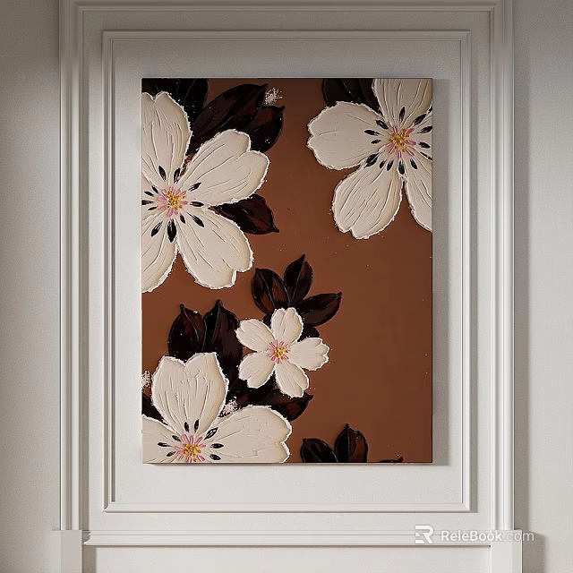 Oil Painting With White Flowers And Black Leaves On Brown Background 3d model 