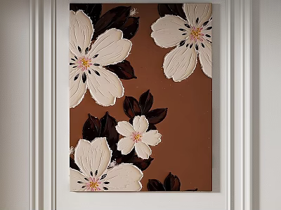 Oil Painting With White Flowers And Black Leaves On Brown Background 3d model