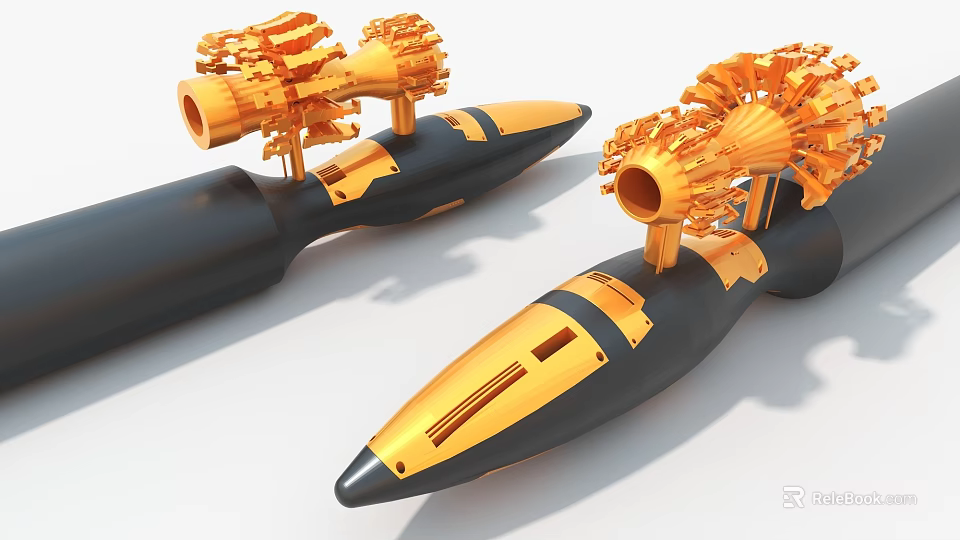 Black And Gold Rocket Shaped Art Installation With Intricate Golden Mechanical Structures On Top 3d model 