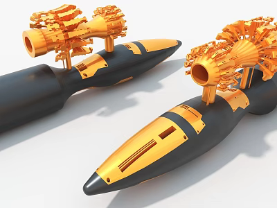 Black And Gold Rocket Shaped Art Installation With Intricate Golden Mechanical Structures On Top 3d model