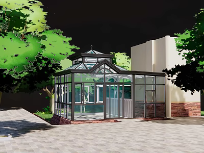 Modern Glass Sunroom Design With Green Trees And Patio Area 3d model
