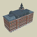 Red Brick Office Building With Steeple Tower Multi Story Design And Uniform Windows