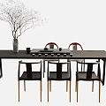 Minimalist Wooden Tea Table with Four Chairs and Tea Set Vase