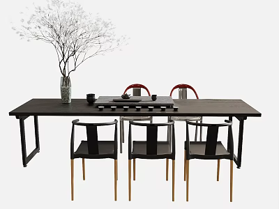 Minimalist Wooden Tea Table with Four Chairs and Tea Set Vase 3d model