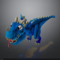 Cute Blue 3D Cartoon Dragon Character With White Horns Spikes And Tongue
