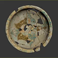 Broken Bowl Sculpture With Cracked Design And Beige Blue Brown Decorative Patterns
