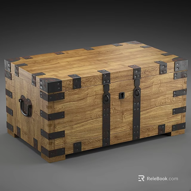 Vintage Wooden Chest With Decorative Metal Straps And Natural Wood Grain Design 3d model 