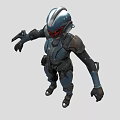 Humanoid Smart Machine Equipped with Blue and Black Armor Helmet and Weapon