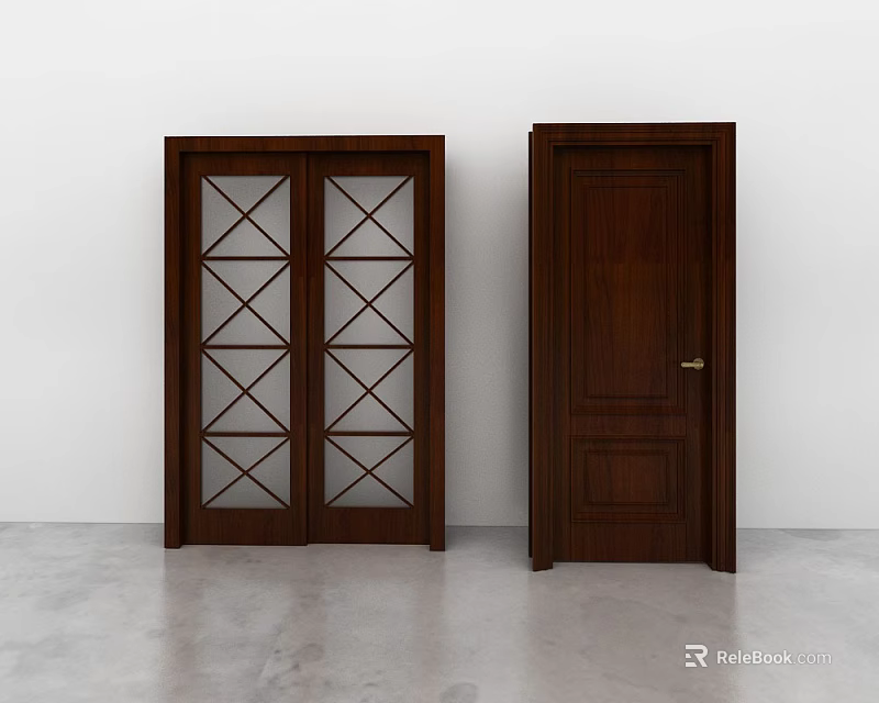 Double Glass Lattice And Single Solid Wood Interior Swing Doors Design 3d model