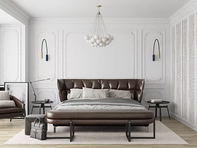 Elegant Bedroom With Brown Leather Bed White Walls Chandelier Bedside Tables Chair And Rug 3d model