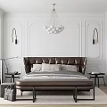 Elegant Bedroom With Brown Leather Bed White Walls Chandelier Bedside Tables Chair And Rug