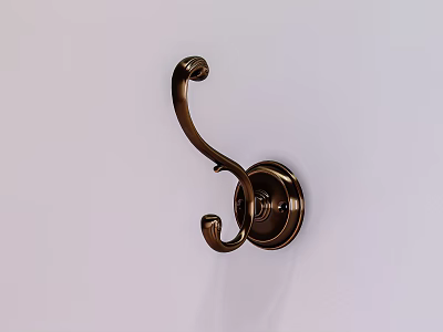 Antique Brass Metal Hook With Curved Design And Round Base Mounted On White Wall 3d model