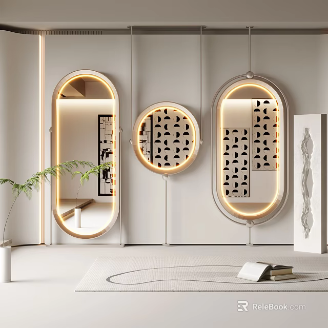 Three Round and Oval Mirrors With Lighting Wall Mounted Near Plants and Decorative Paintings 3d model 