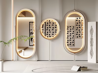 Three Round and Oval Mirrors With Lighting Wall Mounted Near Plants and Decorative Paintings 3d model