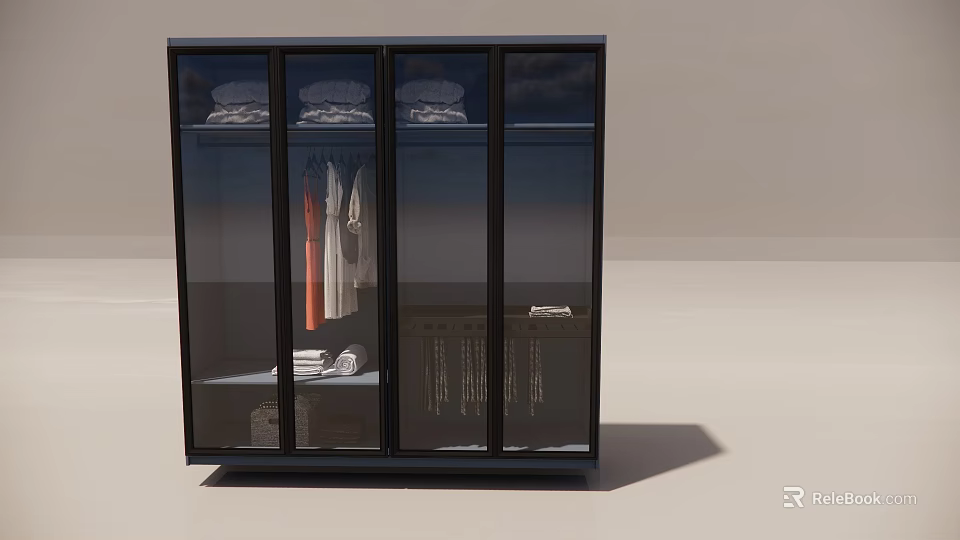 Modern Glass Door Wardrobe With Black Frame And Hanging Clothes Storage 3d model 
