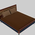 Double Bed With Patterned Headboard Brown Mattress Blue Frame And Two Pillows
