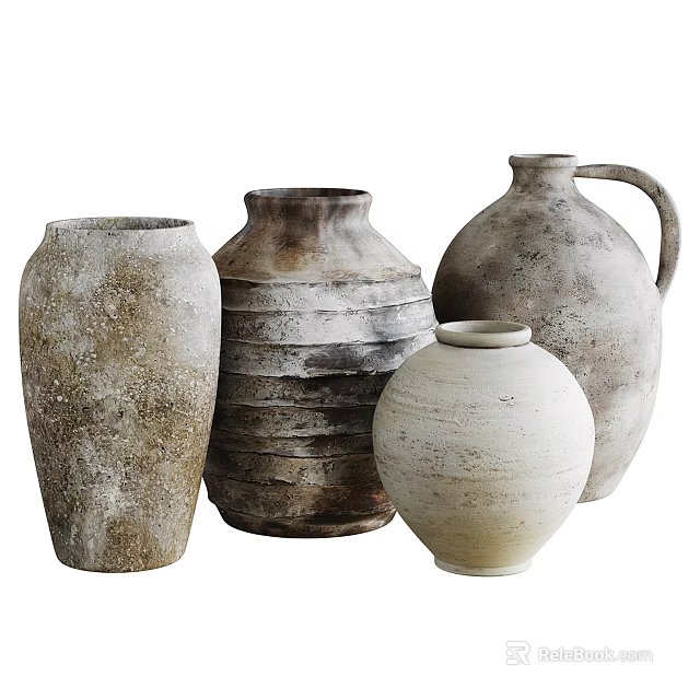 Handcrafted Ceramic Vases In Various Shapes With Natural Tones And Distressed Finish 3d model 