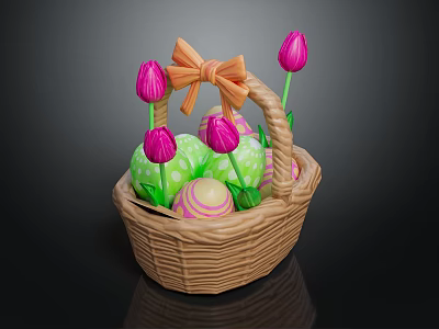 Green Easter Eggs With Pink Polka Dots In Basket Decorated With Pink Tulips Orange Bow 3d model