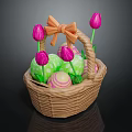 Green Easter Eggs With Pink Polka Dots In Basket Decorated With Pink Tulips Orange Bow