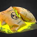 Warning Danger Hazardous Material Bags With Spilled Yellow Substance On Surface