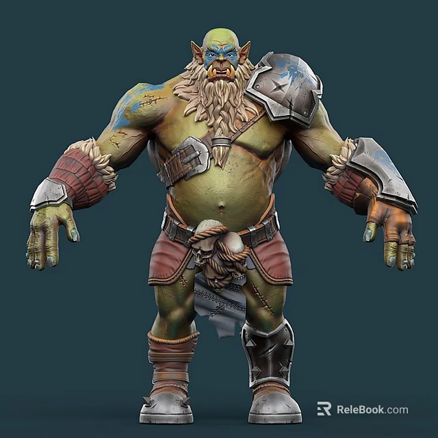 Game and Movie Character With Green Skin Large Beard Armor And Skull Decoration 3d model 