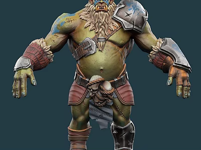 Game and Movie Character With Green Skin Large Beard Armor And Skull Decoration 3d model