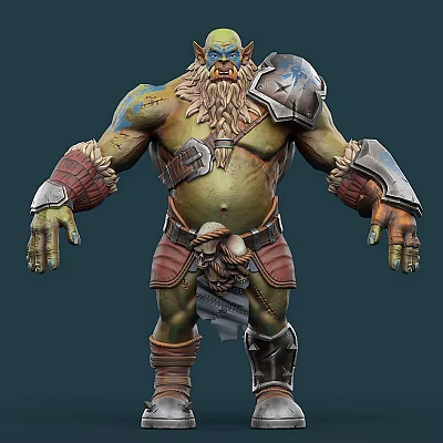 Game and Movie Character With Green Skin Large Beard Armor And Skull Decoration 3d model