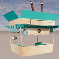 Wooden Outdoor Street Kiosk With Green Awning And Hanging Lanterns