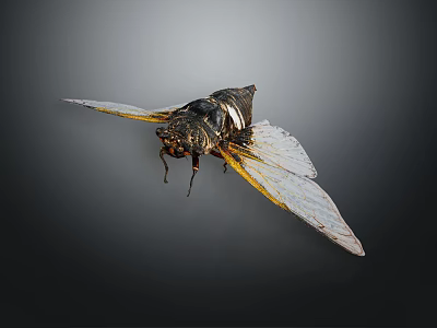 Flying Cicada With Transparent Wings Yellow Edges Dark Body Gray Background 3d model