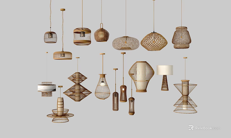 Natural Handcrafted Pendant Lights With Bamboo Rattan Materials Various Designs And Different Shapes 3d model 