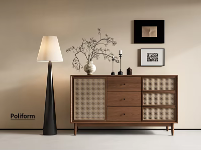 Modern Wooden Entryway Console Cabinet With Rattan Panel Doors Drawers And Decorative Items 3d model