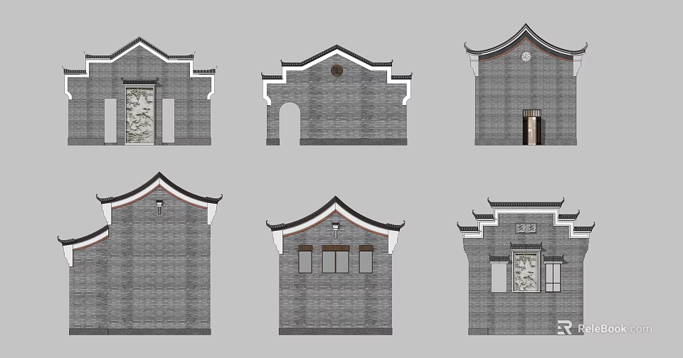 Traditional Chinese Building Facade With Gray Brick Classic Roof And Ornate Windows 3d model 