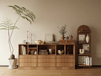 Natural Wooden Storage Shelf Unit with Plants Books and Decorations in Living Room 3d model