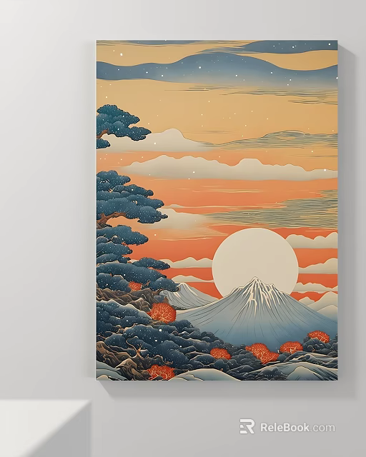 Traditional Japanese Landscape Painting With Mount Fuji And Red Clouds 3d model 