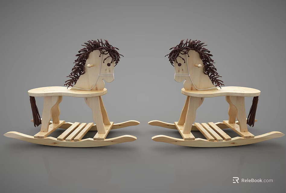 Wooden Rocking Horses With Brown Mane Tail And Rocking Base Design 3d model 