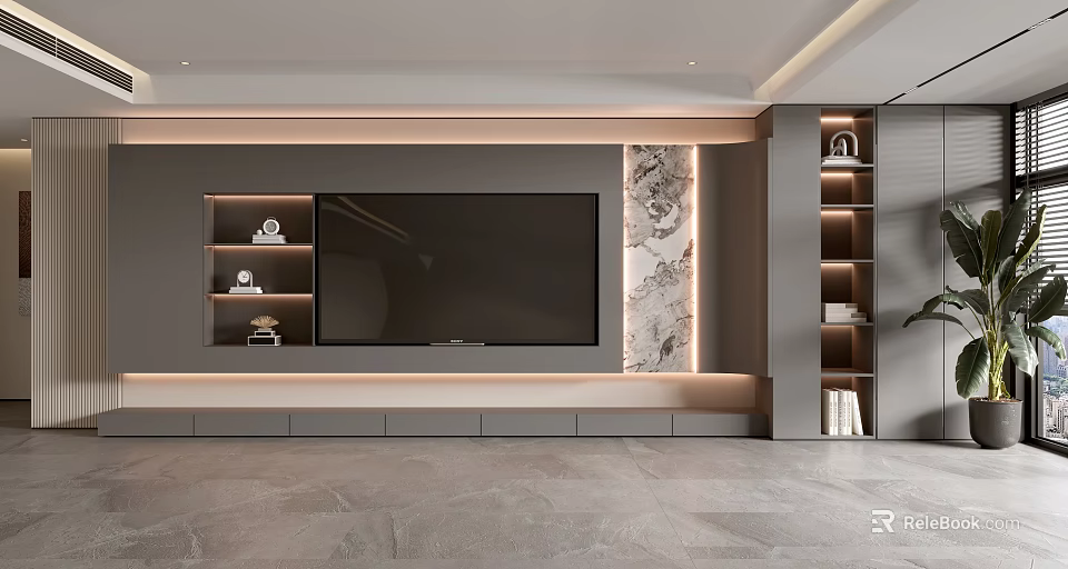 Modern TV Wall Design With Large Screen TV Marble Accents And LED Strips 3d model 
