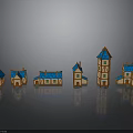 Miniature Houses In Various Styles With Blue Roofs Orange Exteriors Cottages Towers And Reflections