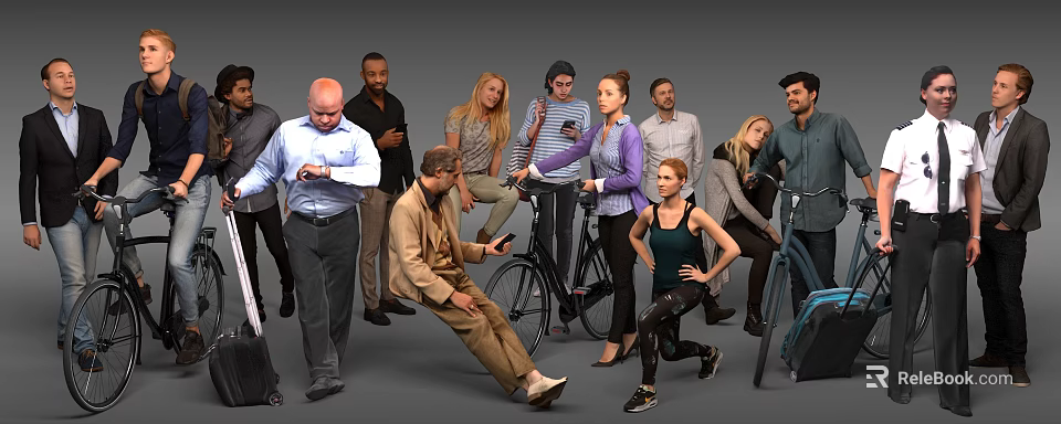 Diverse Group of People With Various Poses and Daily Activities Against Gray Background 3d model 